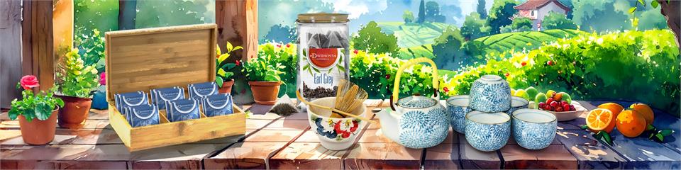 Tea set with a wooden box and jars on a wooden table with a scenic background