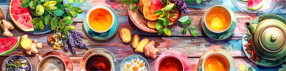 Colorful tea set with cups, teapot, moringa leaves and fruits on a wooden table