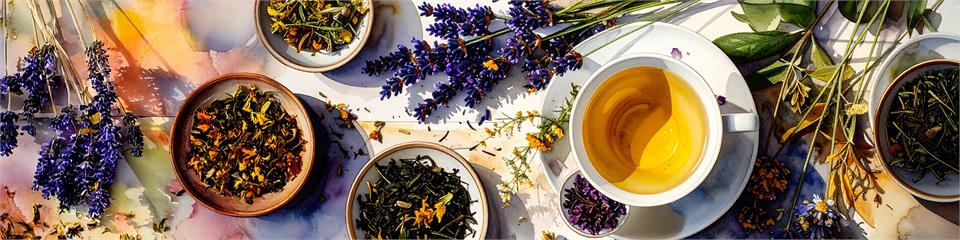 Tea cups with tea leaves and lavender flowers on a colorful background