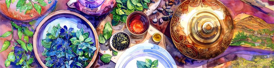 Colorful still life arrangement with teacup, teapot, and decorative elements on a textured surface.