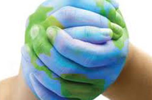  A hand painted like a globe, symbolizing global care or community.